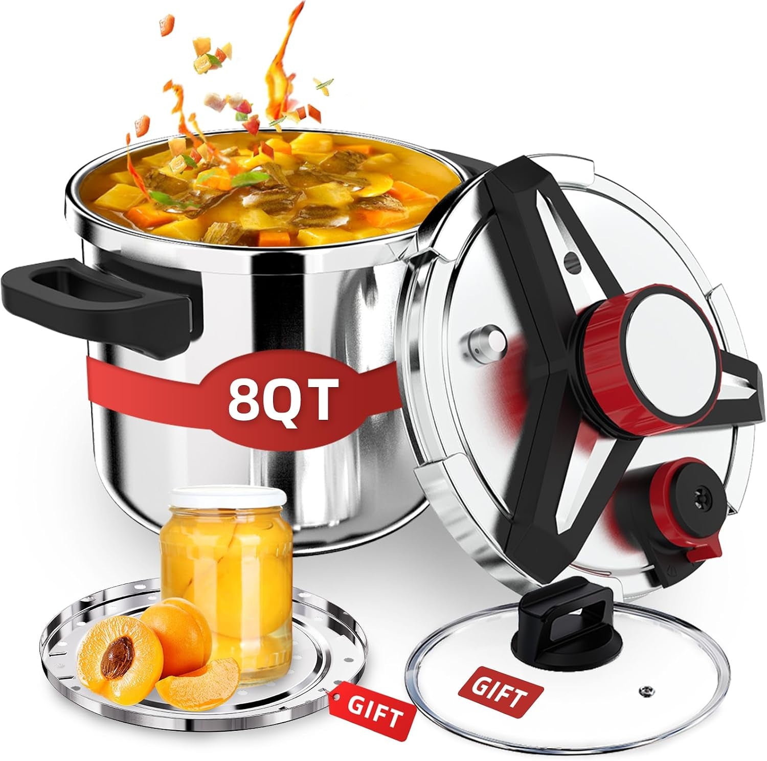 3-in-1-304-stainless-steel-pressure-cooker-8-qt-save-70-time-3-psi-settings-one-hand-locking-pressure-canner-induction-compatible-olla-de-presion-glass-lid-steamer-rack-included