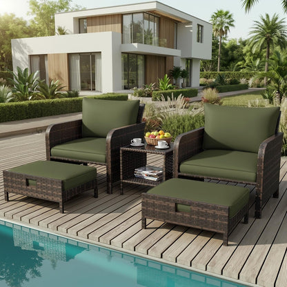 Patio Conversation Set 5 Piece, Balcony Furniture Outdoor PE Rattan Wicker Lounge Chairs with Soft Cushions, 2 Ottomans & Glass Table for Porch Lawn, Brown (Army Green Cushions1