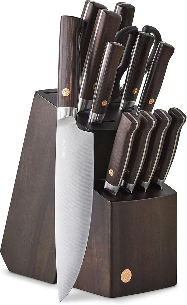 Elite 13 Piece Wooden Knife Block Set, Professional Stainless Steel Blades with Titanium Coating, Ultra-Sharp Kitchen Cutlery, Chef, Santoku, Bread & Steak Knives, Ergonomic Brown Wood Handle1