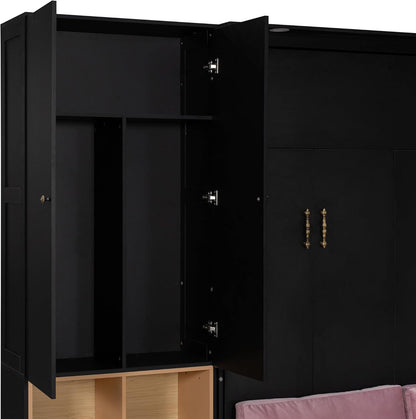 Queen Murphy Bed with Couch and Storage Shelves & Cabinets,Solid Wood Folding Murphy Wall Bed Cabinet with Sofa for Adults,Bedroom,Office,Space Saving (Black+Pink Sofa6)6