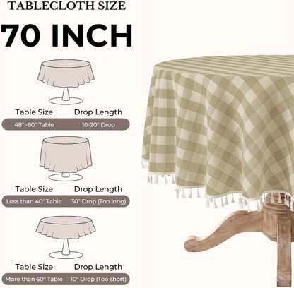Gingham Tassel 70 Inch round Tablecloth, Beige7