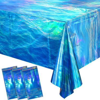 3Pcs 54 X 108 Inch Iridescent Ocean Waves Plastic Tablecloths | Disposable Blue Table Cloth Rectangle Table Covers for under the Sea Beach Pool Party Birthday Party Decorations1