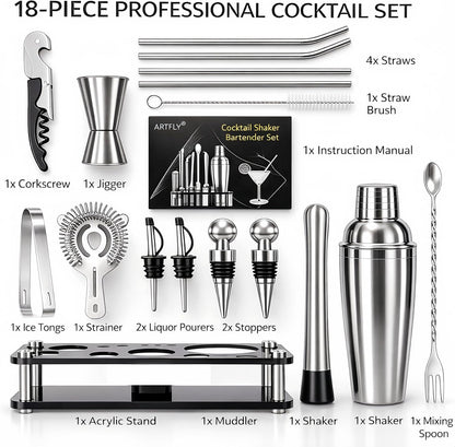 Cocktail Shaker Set, 18-Piece Bartender Kit with Stand, Bar Tool Set | 18/8 Stainless Steel Mixology Kit with Acrylic Stand for Home Bar, Bar Cart, Parties, Martinis, Margaritas and Mixed Drinks2