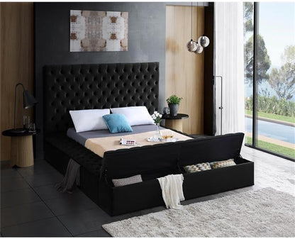 Modern Solid Wood Tufted Velvet Queen Bed, Black Upholstered Fabric, 86" W X 98" D X 60.5" H, Deep Tufted Headboard, Storage Footboard and Rails, No Box Spring Required, Elegant Bedroom5