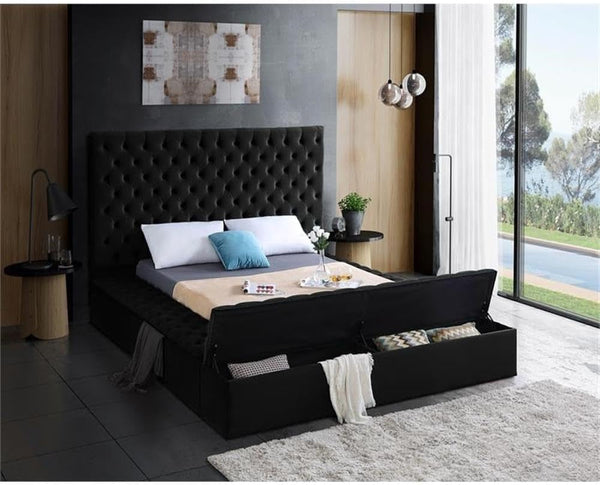 Modern Solid Wood Tufted Velvet Queen Bed, Black Upholstered Fabric, 86" W X 98" D X 60.5" H, Deep Tufted Headboard, Storage Footboard and Rails, No Box Spring Required, Elegant Bedroom5