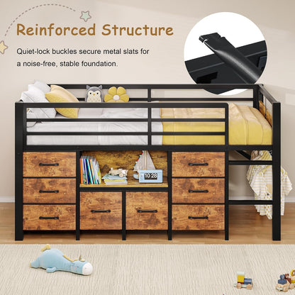 Low Loft Bed Twin Size with 8 Storage Drawers, Twin Loft Bed with Bookcase, Metal Kids Loft Bed with 13" H Safety Guardrail, Under-Bed Play Space and Play Curtain for Kids, Rustic Brown6