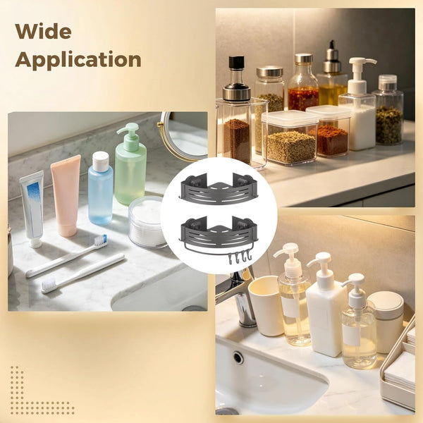 2 Pcs Corner Shower Caddy, Double-Layer Suction Cup No-Drilling Aluminum Organizer, Gray Triangular Bathroom Shelves with Towel Bar & Hooks, Wall Mount Space-Saving for Shower & Kitchen6