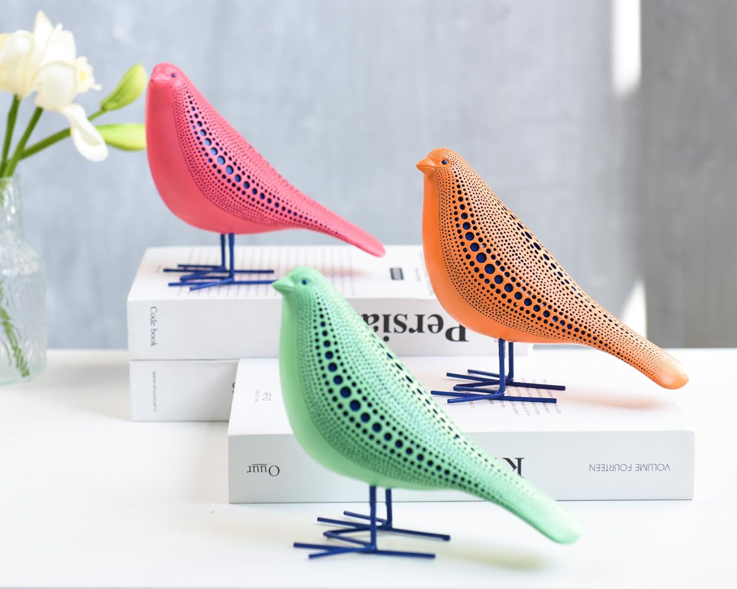 bird-figurine-modern-sculpture-and-statues-for-home-decor-animal-statues-for-bookshelf-table-entryway-fireplace-resin-decorative-sculpture-with-chic-polka-dots-art-design-orange
