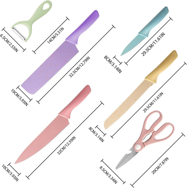 Colorful Kitchen Knife Set 6 PCS, Colored Knives Set with Non-Stick Coating, Chef Boxed Knives Set for Cooking, Camping, Travel, Picnic, BBQ and RV5