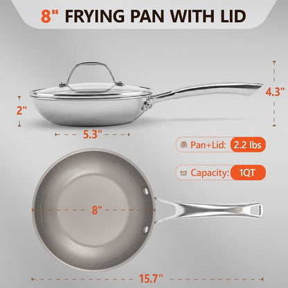 Titanium Frying Pan with Lid - 8" No Coating Pfas-Free Skillet, Tri-Ply Titanium & Stainless Steel, Induction & Dishwasher Safe7