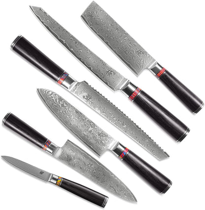 Damascus Steel Kitchen Knife Set, 6 Pieces, Chef'S, Santoku, Bread Knife, Paring Knife & More, Ultra Sharp for Very Fast Cutting, with Gift Box7