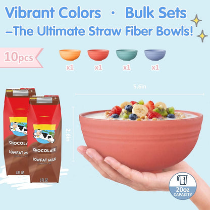 10 PCS Unbreakable Cereal Bowls,Dishwasher & Microwave Safe Wheat Straw Bowls, Easy-To-Clean Lightweight Desserts & Soup Bowl, Portable for Picnics ，Snack Plastic Bowls Set，Multi-Color4