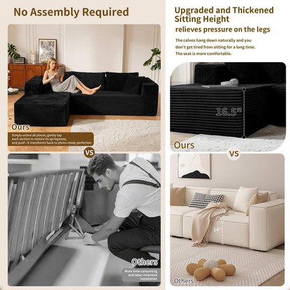 110” No Assembly Compression Boneless in a Box Cloud Sectional Couches for Living Room L-Shape Couch Sleeper Sofa, Modern Modular Corduroy Reclining Comfy Fluffy Memory Foam Furniture for Home Black8