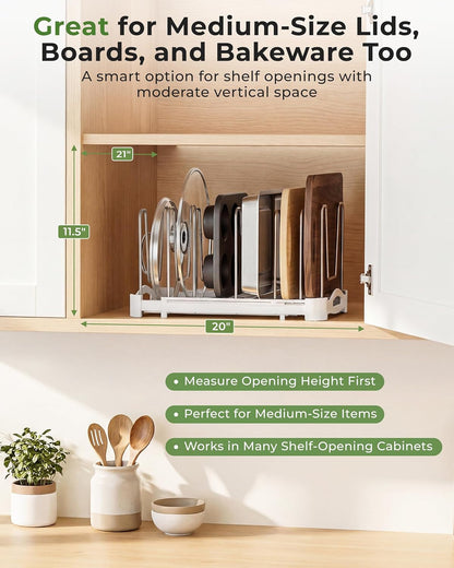 Adjustable Cabinet Organizer for Pot Lids, Bakeware, Cookie Sheets & Cutting Boards, Upright Storage Rack for Kitchen Cabinet, Stable Dividers, 9.7" Deep, 12.6" to 21.5" Wide, GS02SS6