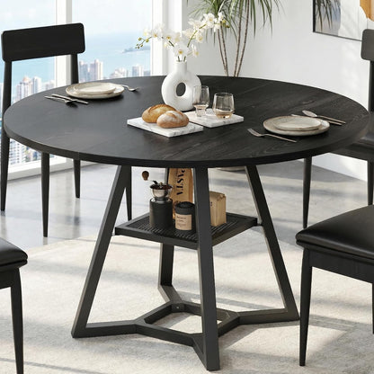 round Dining Table for 4-6 with Storage Shelf, Kitchen & Dining Room Circle Pedestal Table, Heavy Duty Metal Frame & Wood Top1