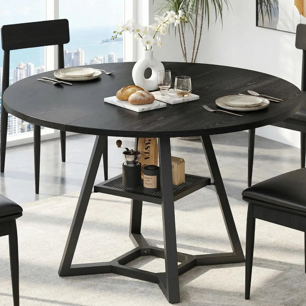round Dining Table for 4-6 with Storage Shelf, Kitchen & Dining Room Circle Pedestal Table, Heavy Duty Metal Frame & Wood Top1
