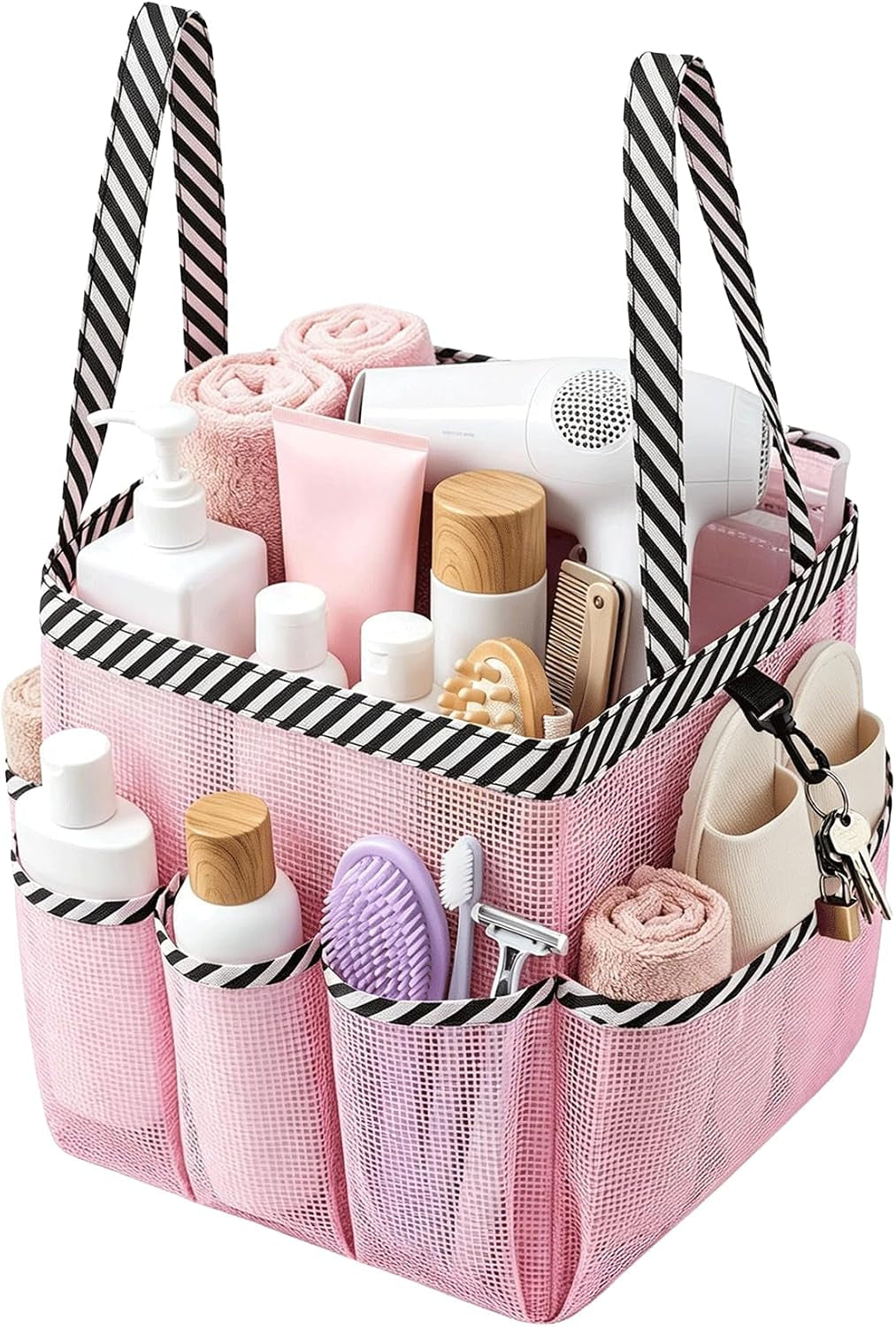 mesh-shower-caddy-portable-for-college-dorm-room-essentials-9-pocket-large-capacity-waterproof-hanging-toiletry-tote-with-2-handles-pink-bathroom-organizer-for-swimming-gym-camp-beach-travel