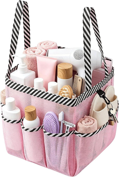 Mesh Shower Caddy Portable for College Dorm Room Essentials, 9 Pocket Large Capacity Waterproof Hanging Toiletry Tote with 2 Handles, Pink Bathroom Organizer for Swimming, Gym, Camp, Beach, Travel1