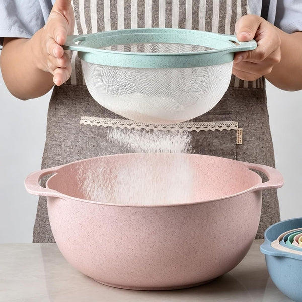 Mixing Bowls, Nesting Baking Bowls with Colander & Fine Mesh (Wheat-10Pcs)6