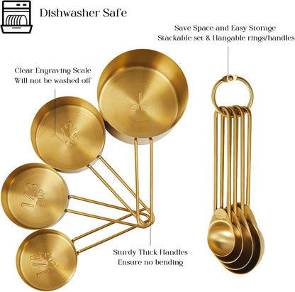 Golden 304 Stainless Steel Measuring Cups and Spoons Set,8Pcs Stackable & Long Handle Fits Narrow Jars, Premium Gold Kitchen Accessories for Liquid & Dry Ingredients Baking Cooking, Durable&Rust-Proof4