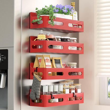 4-Pack Magnetic Spice Rack for Refrigerator with Hooks, Red1