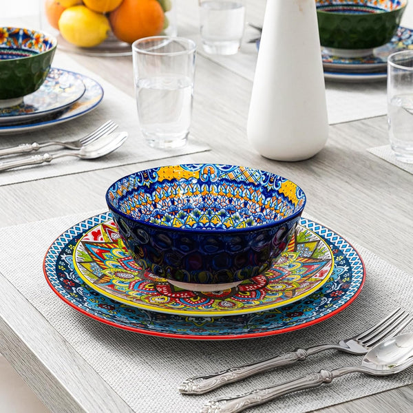 12 Pieces Dinnerware Sets, Ceramic Plates and Bowls Set, Microwave and Dishwasher Safe, Scratch Resistant, Bohemian Style Dishware Set, Service for 46