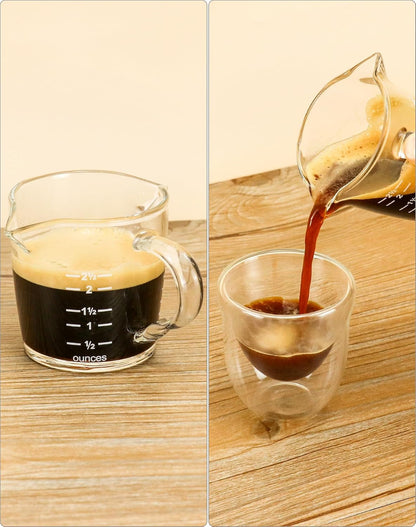 Espresso Shot Glass with Handle, 4 Pack 3-Ounce Double Spout Glass Measuring Cup Triple Pitcher Milk Cup with Two Scales (OZ&ML)4