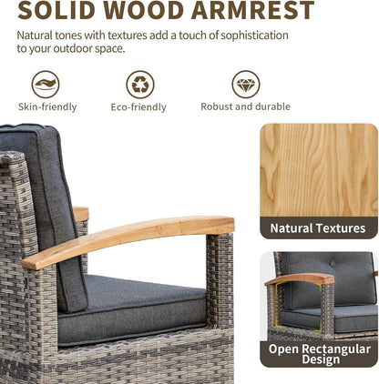 8 Pieces Patio Furniture Sets,Wicker Patio Conversation Sets with 4 Wood Armrests Swivel Glide Chairs, 2 Ottoman, 3-Seat Sofa and Coffee Table (Grey)8
