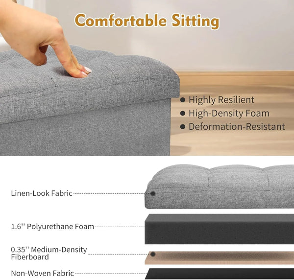 Storage Ottoman with Extra Thick Foam Padded Seat, Foldable Foot Rest Stool with Linen Fabric, 43L Ottoman with Storage Bench for Bedroom Living Room, Holds up to 300Lbs, 17X13X13In, Dark Gray7