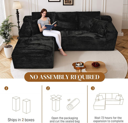 108" L Shaped Boneless Sectional Couches for Living Room, Wide Armrest, Deep Seat, Memory Foam, Assembly Free, Modern Comfy Corduroy Fluffy Cloud Sofa with Left Chaise, Black4