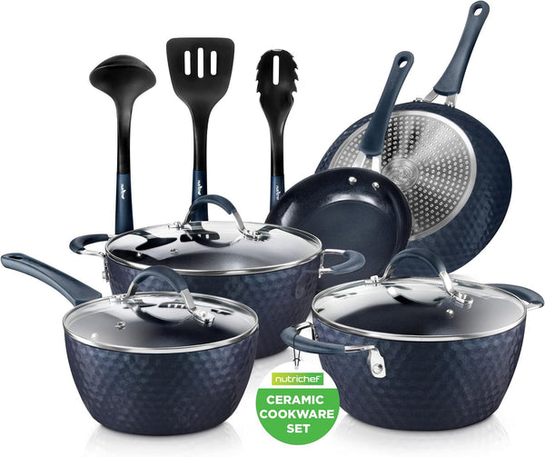 11 Piece Pots and Pans Set - Non Stick Cookware Set with Ceramic Coating, Cool-Touch Handles, Induction Ready, Includes Lids, and Utensils - Diamond Blue1