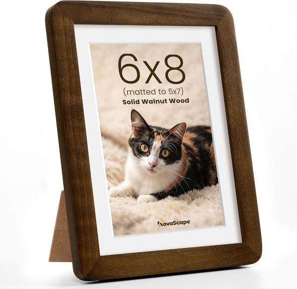 6X8 Picture Frame, Solid Walnut Wood with Mortise and Tenon Joinery, Handcrafted Photo Frame with Mat for 5X7, High-Definition Tempered Glass, Wall or Tabletop Display1