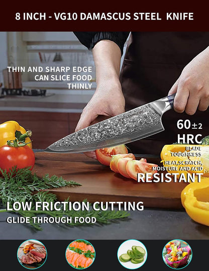 Chef Knife - 8 Inch - Xuan Series - VG10 Damascus Steel Kitchen Knife - Resin Handle (Sapphire Blue)2