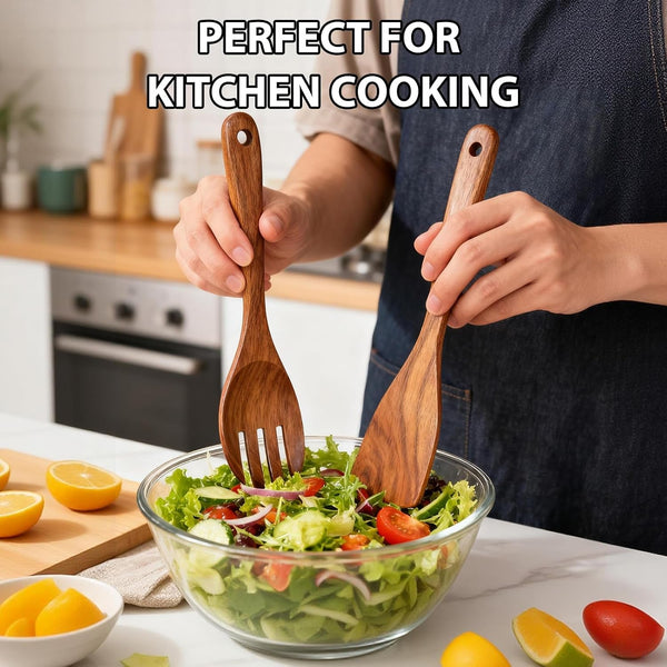 7-Piece Wooden Non-Stick Kitchen Utensil Set, Natural Teak Wood Kitchen Pan Toolset, Wooden Cooking Spatula Spoon & Salad Fork Set, Scratch Resistant Cookware Toolset, Easy to Clean6