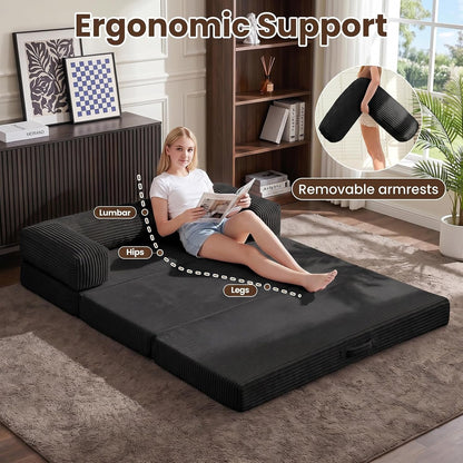 5-In-1 Convertible Sofa Bed,60" Boneless Couch with Pull Out Bed,Tri-Folding Corduroy Floor Mattress with Removable L-Shaped Armrests & Handle,Futon Sleeper for Small Spaces,Apartments & Bedrooms5