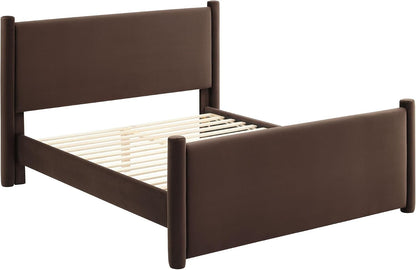 Rael Queen Platform Bed Frame with Upholstered Headboard and Footboard in Chocolate Brown – Stain-Resistant Performance Velvet Queen Size Bed with Rounded Posts6