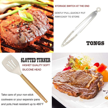 Kitchen Utensils Set- 35 Pcs Cooking Utensils with Grater,Tongs, Spoon Spatula &Turner Made of Heat Resistant Food Grade Silicone and Wooden Handles Kitchen Gadgets Tools Set for Nonstick Cookware3