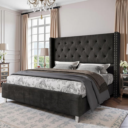 Queen Velvet Bed Frame with 49.2" Tall Wingback Headboard, Black1