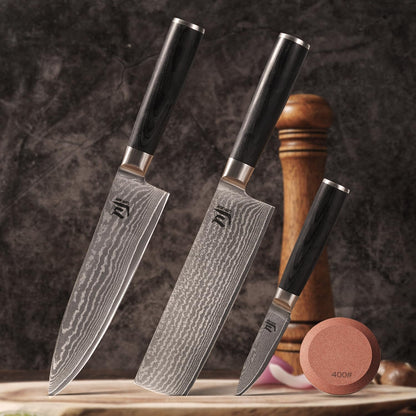 3-Piece VG-10 Damascus Kitchen Knife Set with Double-Sided Sharpening Stone – Nakiri, Chef & Paring Knives, 67-Layer Tsunami Wave Pattern, Black Pakka Wood Handles, 60±2 HRC (3-Piece-Set)2