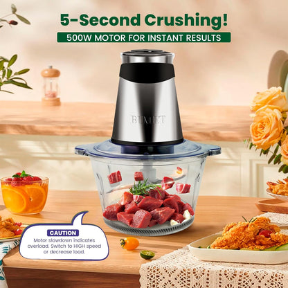 500W Meat Grinder 2×8-Cup Bowls 2 Blades Food Chopper | Glass+Stainless Bowl, Stainless Steel Blades for Meat/Veggies/Nuts. Easy to Clean, Ideal for Daily Kitchen Prep.3
