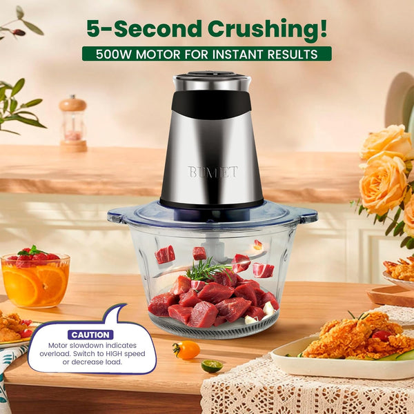 500W Meat Grinder 2×8-Cup Bowls 2 Blades Food Chopper | Glass+Stainless Bowl, Stainless Steel Blades for Meat/Veggies/Nuts. Easy to Clean, Ideal for Daily Kitchen Prep.3