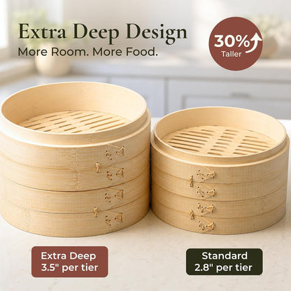 Bamboo Steamer Basket 10 Inch, Extra Deep Dumpling Steamer Set | Incl. Silicone Liners & Steel Ring, Steam Basket for Pot & Wok. Vegetable & Food Steamer for Dim Sum, Bao Buns2