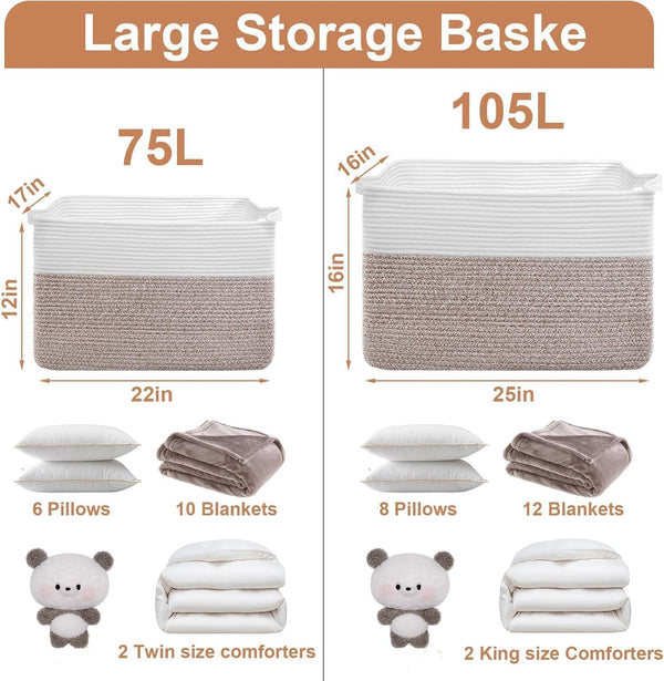 75L Large Blanket Storage Basket with Handles - White & Brown6