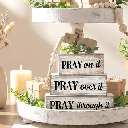 4 Pcs Christian Table Decor Wooden Cross Wooden Bible Verse Sign | Inspirational Religious Christian Centerpiece,Farmhouse Tiered Tray Decorations, Wooden Pray Block Signs, Faith-Inspired2