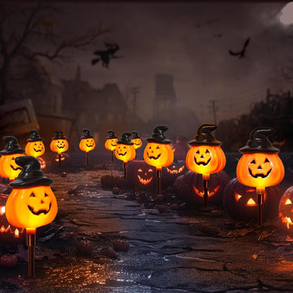 6 Pack Solar Jack O Lantern Stake String Lights - Orange Halloween Pathway Decor for Outdoor Halloween Yard Display7