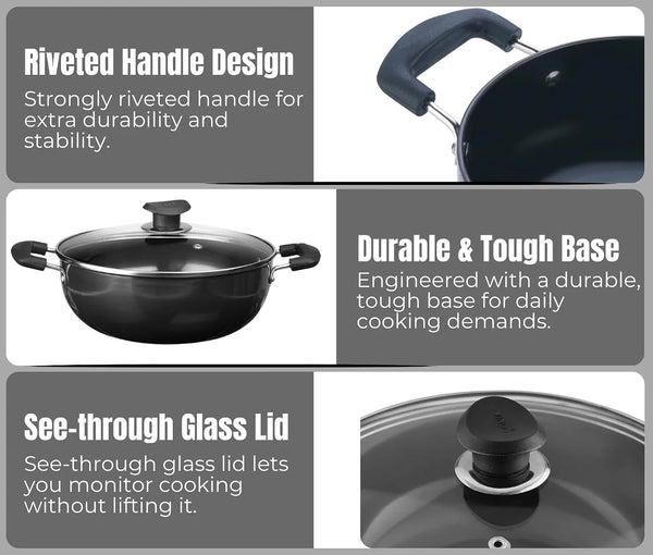 Cookware Professional Deep Kadhai – 2.1 Liters(2.2 Quarts) – 20Cm–Glass Lid Included – Multi-Use Hard Anodized Wok/Pot –Suitable for Indian Cooking, Sauces, Pasta, Stews, Soups – Riveted Handles6