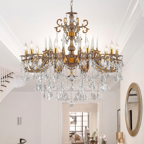 Gold Crystal Chandelier, 10-Light Antique Bronze Candle Pendant Ceiling Light Fixture with K9 Crystals for Dining and Living Room, Bedroom, Kitchen Island, Hallway, Dia 36"1