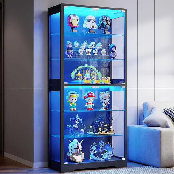 71" Tall Display Cabinet with Glass Door and 3-Color Lights, Black | 6-Tier Curio Cabinet for Collectibles, Display Case with Adjustable Glass Shelves, Human Body Sensor, Storage Cabinets1