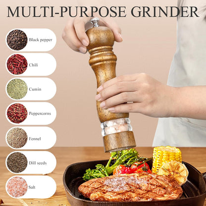 8Inch Salt and Pepper Grinder Set Manual Salt Pepper Shakers Wooden Pepper Mill Refillable with Adjustable Ceramic Grinding Core Acrylic Visualization Window Design 2-Pieces6
