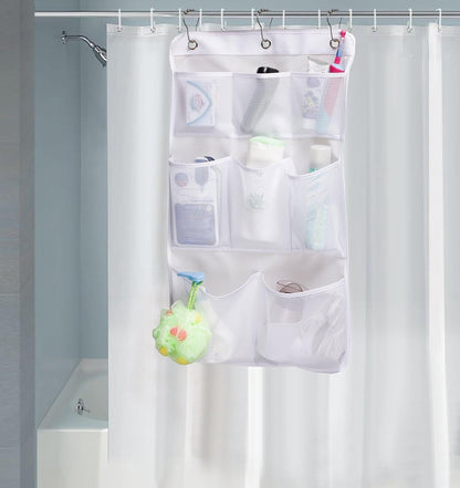 Mesh Shower Organizer Hanging Bathroom Caddy 8 Pockets Hang Curtain Rod with 3 Rings6